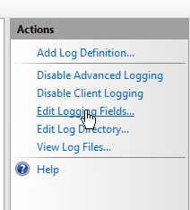 IIS Advanced Logging Actions pane, now enabled, showing the Edit Logging Fields action link.
