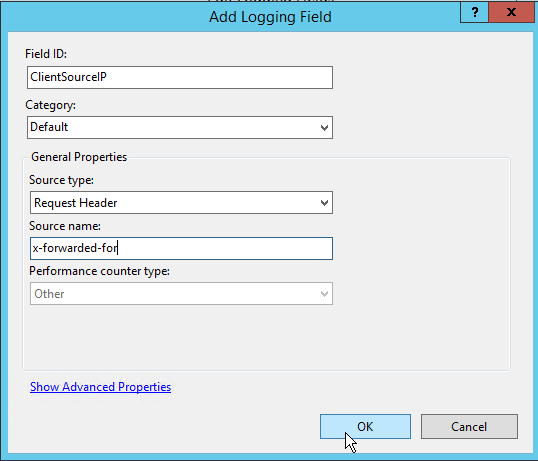 Add Logging Field dialog with Field ID set to ClientSourceIP, Source type set to Request Header, and Source name set to x-forwarded-for.