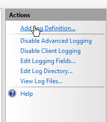 IIS Advanced Logging Actions pane showing the Add Log Definition action link.