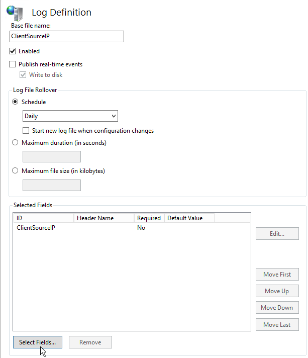 Log Definition screen showing the Base file name set to ClientSourceIP, Enabled checked, log rollover set to Schedule/Daily, the Selected Fields list already showing ClientSourceIP, and a Select Fields button.