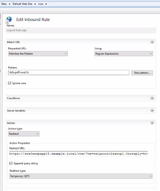 IIS Edit Inbound Rule dialog on Exchange 2016 named Logout Rule aspx showing the pattern \b(logoff.owa)\b under Match URL, and Action Type set to Redirect with a Redirect URL entered.