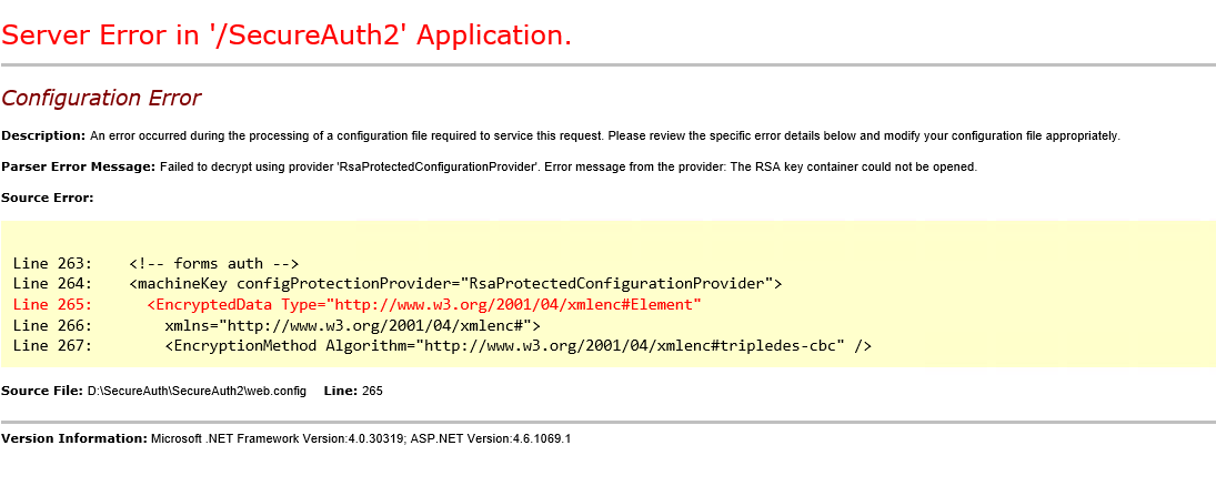 IIS Server Error configuration error page showing the Parser Error Message: Failed to decrypt using provider RsaProtectedConfigurationProvider, with the web.config source lines highlighting the machineKey and EncryptedData configuration.