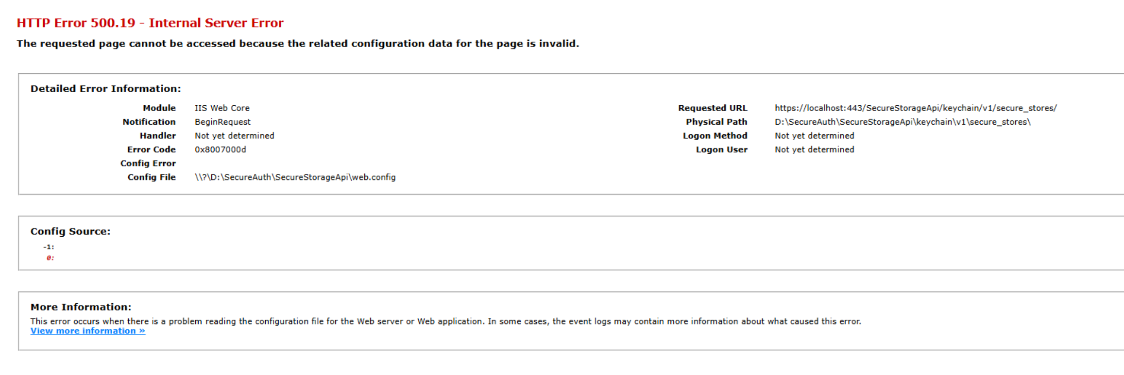 IIS HTTP Error 500.19 Internal Server Error page showing Error Code 0x8007000d, with the requested URL, physical path, and config file listed in the Detailed Error Information section.