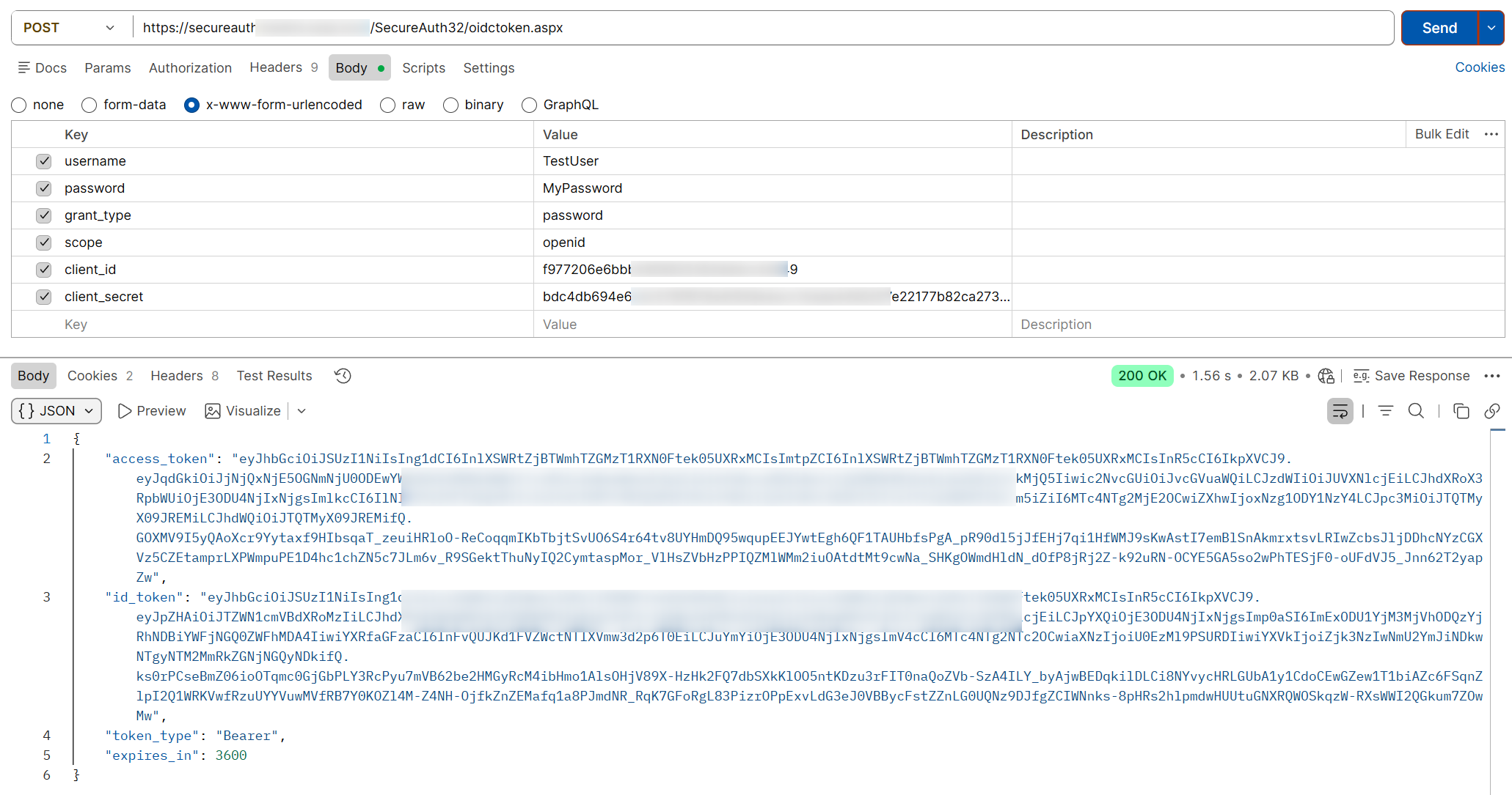 An example POST request to the token endpoint using grant_type=password with a username and password.