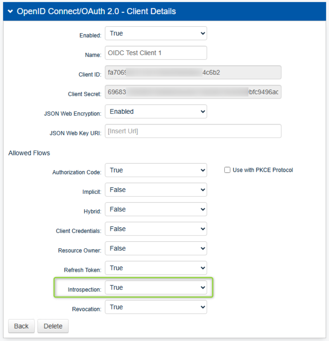 OpenID Connect/OAuth 2.0 Client Details panel with Allowed Flows showing Introspection set to True, alongside Refresh Token and Revocation.