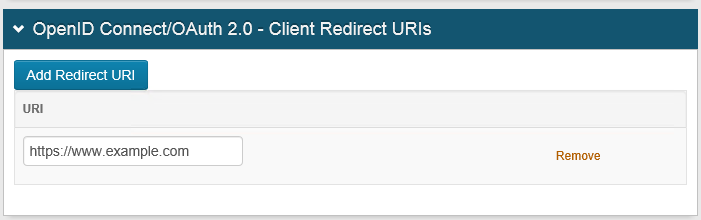 SecureAuth Admin Console OpenID Connect/OAuth 2.0 Client Redirect URIs panel showing a registered redirect URI of https://www.example.com.
