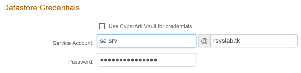 SecureAuth realm's Datastore Credentials fields on the Data tab, showing the same service account and domain used in the Ldp Bind dialog.
