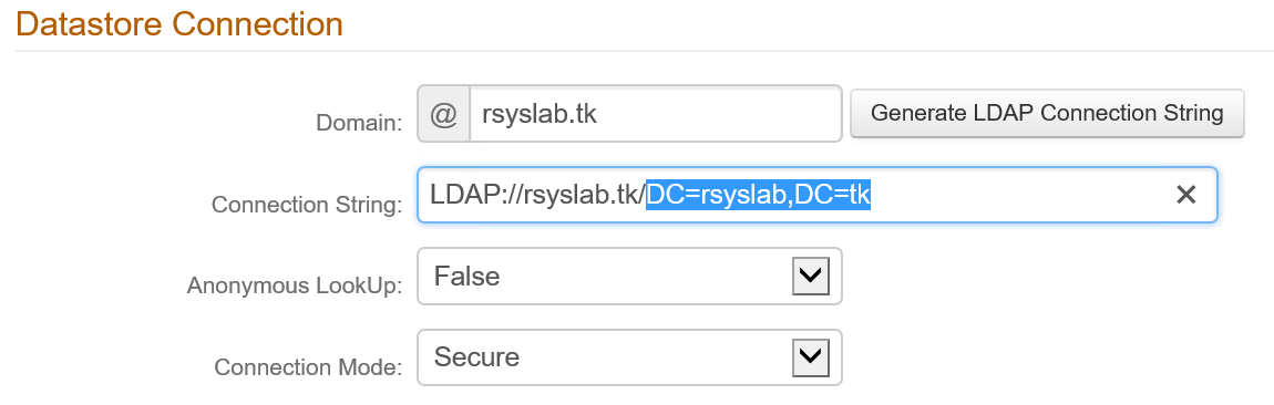 SecureAuth realm's Datastore Connection fields on the Data tab, showing the same Domain and Base DN values used in the Ldp Search dialog.