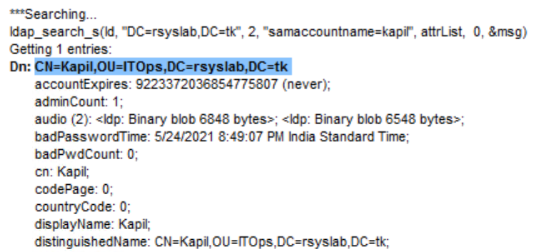 Ldp search results pane showing the returned distinguished name (DN) for the searched user.