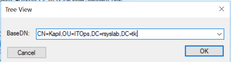 Ldp Tree View dialog with the user's distinguished name pasted into the BaseDN field.