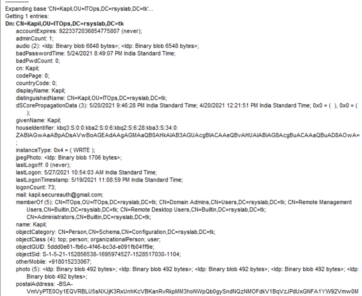 Ldp attribute list returned for the searched user, showing every attribute the service account is able to read.