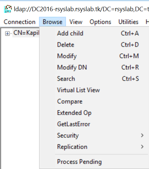 Ldp Browse menu open, with Modify highlighted.