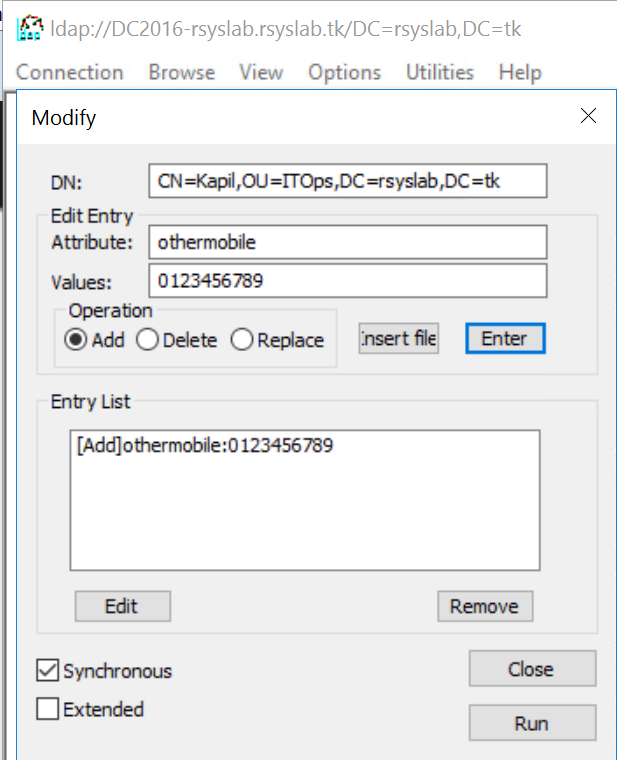 Ldp Modify dialog with a distinguished name, an attribute name, and a test value entered, Add selected as the operation.