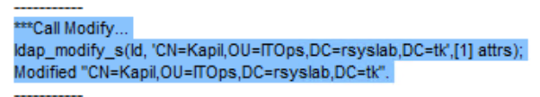 Ldp log showing a successful Modify call, confirming the user's distinguished name was modified.