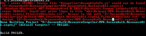 Command Prompt output showing the error "Properties\AssemblyInfo.cs could not be found" followed by Build FAILED.