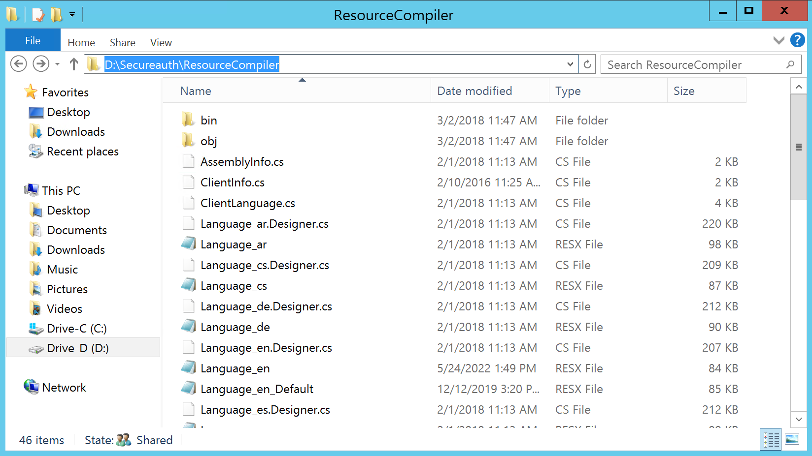 Windows Explorer showing the D:\Secureauth\ResourceCompiler folder contents with no Properties folder present alongside bin, obj, and the Language resx/Designer.cs files.