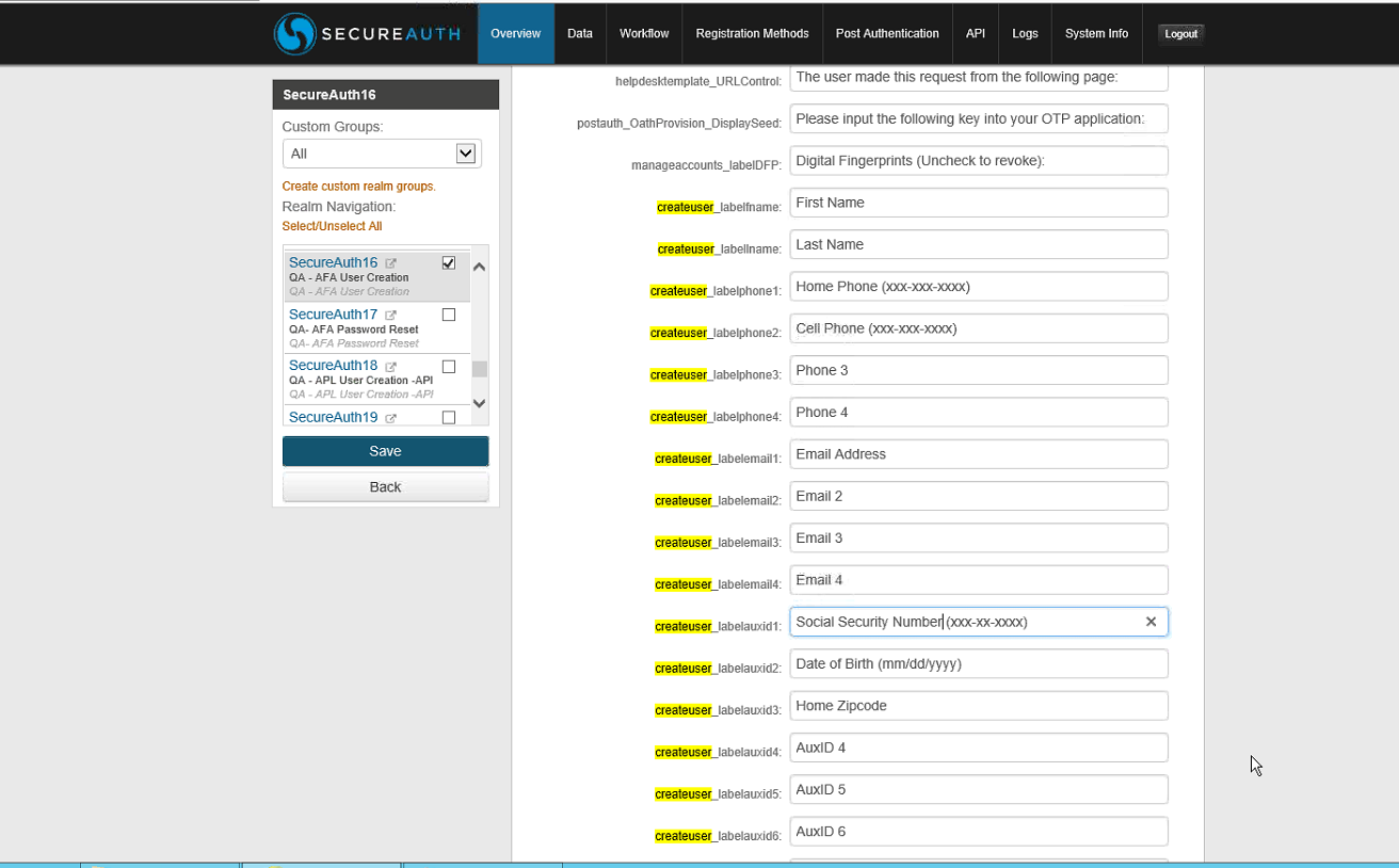 SecureAuth Admin Console Content and Localization editor on realm SecureAuth16 showing the createuser_ verbiage fields, including createuser_labelfname set to First Name, with the intended change highlighted.