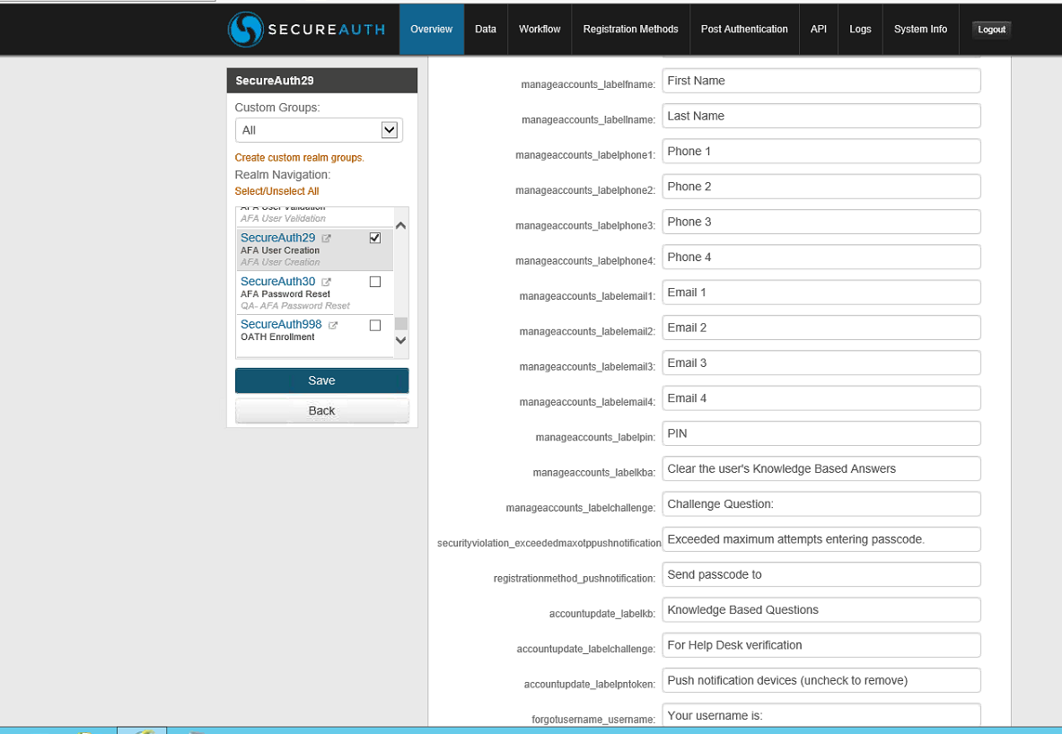 SecureAuth Admin Console Content and Localization editor on realm SecureAuth29 showing the manageaccounts_ verbiage fields still displaying the original, unchanged text after the file was copied to this server.