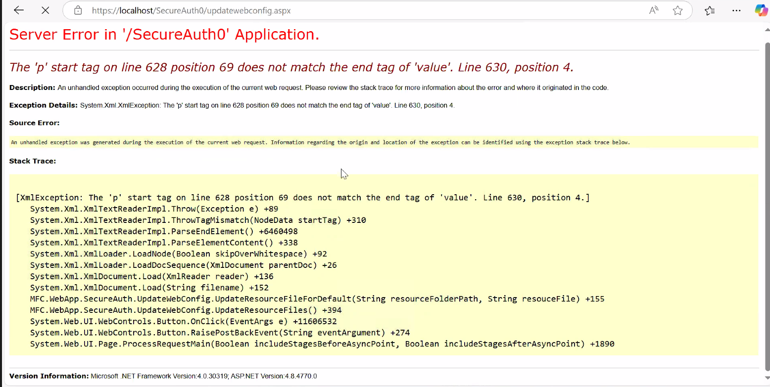 Server Error in the SecureAuth0 Application page showing a System.Xml.XmlException reporting that the 'p' start tag does not match the end tag of 'value', with a stack trace through UpdateWebConfig.UpdateResourceFileForDefault.