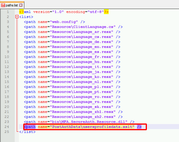 paths.list file open in a text editor, showing the added line for PostAuthData\usersprofiledata.xslt highlighted just above the closing list tag.