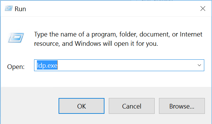 Windows Run dialog with ldp.exe typed into the Open field.