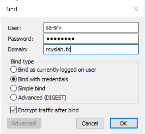Ldp Bind dialog filled in with a service account username, password, and domain, with Bind with credentials selected.