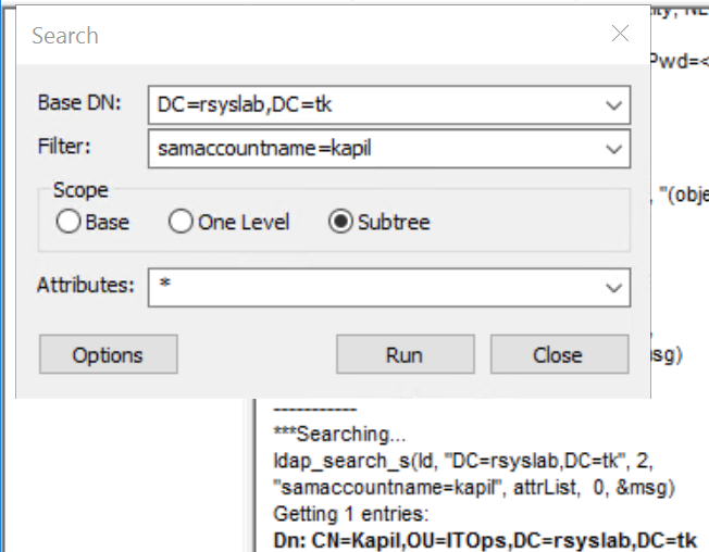 Ldp Search dialog with Base DN and a samaccountname filter entered, Subtree selected as the scope.