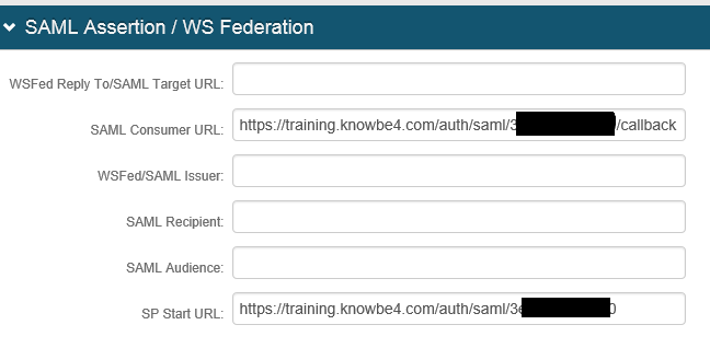 SAML Assertion / WS Federation panel with the SAML Consumer URL set to KnowBe4's callback URL and the SP Start URL set to KnowBe4's signin URL.