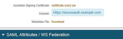 Panel showing the Assertion Signing Certificate, Domain field set to an example SecureAuth URL, and a Metadata File Download link.