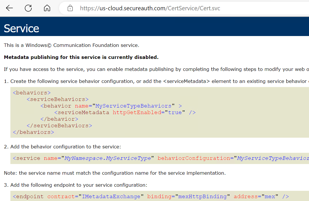 Browser showing a successful response after opening the Certificate URL directly.