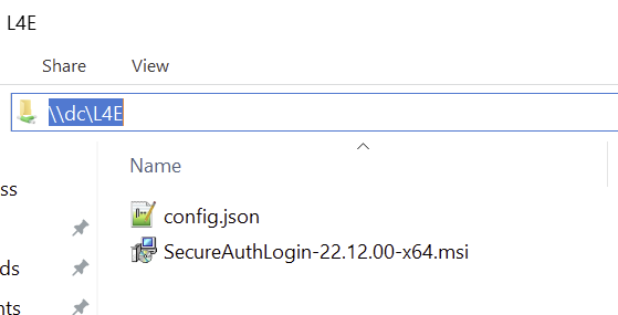 File Explorer showing a network share (\\dc\L4E) containing config.json and the SecureAuthLogin installer MSI.