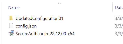 File Explorer showing a new UpdatedConfiguration01 folder alongside config.json and the SecureAuthLogin installer.