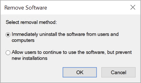 Remove Software dialog with Immediately uninstall the software from users and computers selected.