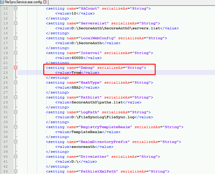 FileSyncService.exe.config open in a text editor, with the Debug setting's value changed to True.