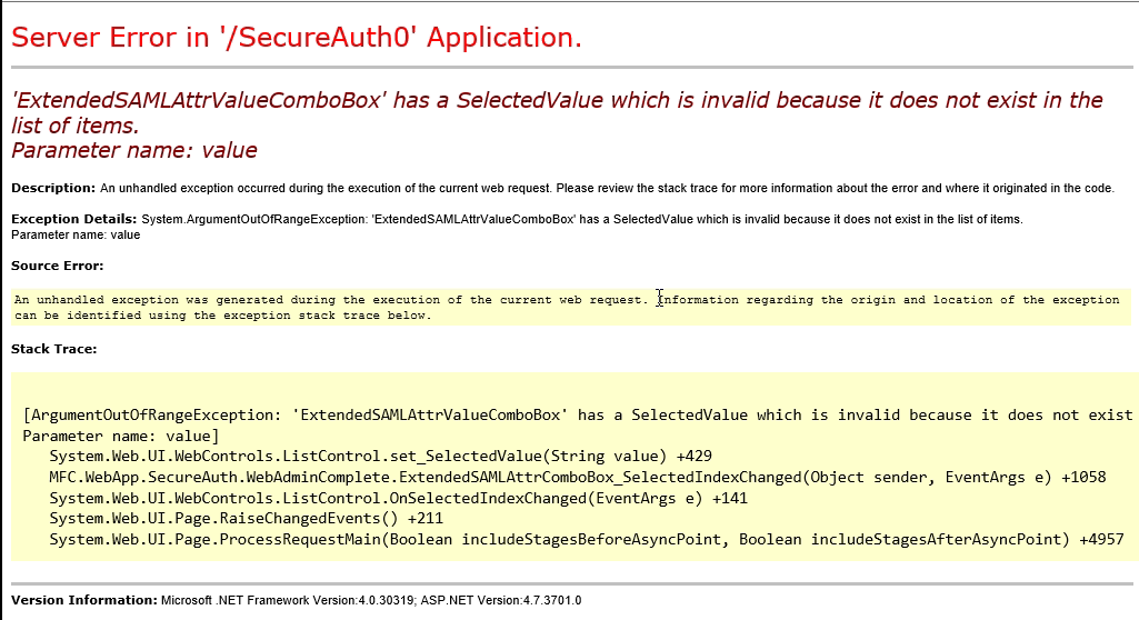 ASP.NET yellow error page titled Server Error in /SecureAuth0 Application, showing the ArgumentOutOfRangeException for ExtendedSAMLAttrValueComboBox and its full stack trace.