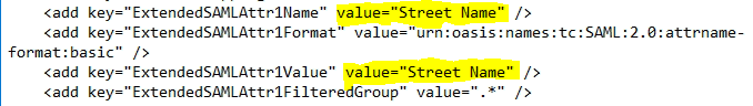 web.config excerpt showing the ExtendedSAMLAttr1Name, ExtendedSAMLAttr1Format, ExtendedSAMLAttr1Value, and ExtendedSAMLAttr1FilteredGroup keys, with the stale Street Name value highlighted.