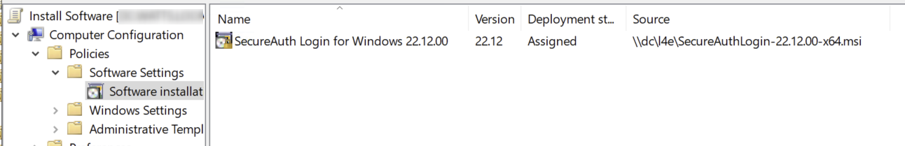 Group Policy Management Editor's Software Installation node, showing SecureAuth Login for Windows 22.12.00 assigned and deployed from a network share path.