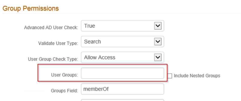 Realm Data tab Group Permissions panel with User Group Check Type set to Allow Access and an empty User Groups field highlighted.