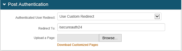 SecureAuth Post Authentication tab with Authenticated User Redirect set to Use Custom Redirect and Redirect To set to /secureauth24.