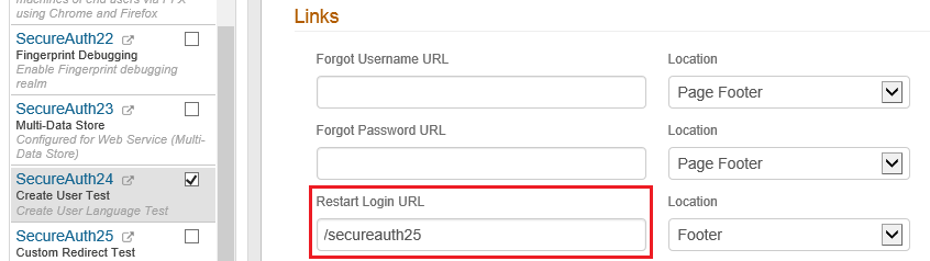 SecureAuth realm list with SecureAuth24 selected and its Restart Login URL field set to /secureauth25.