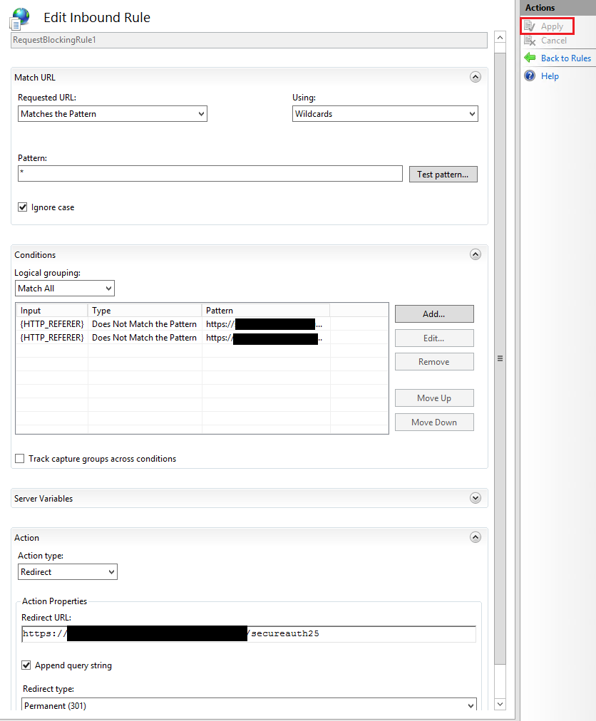 Completed IIS Edit Inbound Rule screen showing the wildcard match pattern, both HTTP_REFERER conditions, the redirect action back to the Starting realm, and the Apply button.