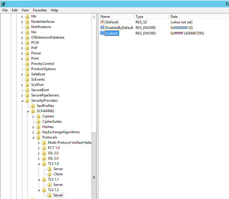 Registry Editor showing the TLS 1.2\Server key with DisabledByDefault set to 0 and Enabled set to 0xffffffff (4294967295), meaning TLS 1.2 is enabled for server communication.