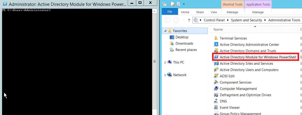 Windows Server Administrative Tools list with Active Directory Module for Windows PowerShell highlighted, and an empty PowerShell console open in the background.