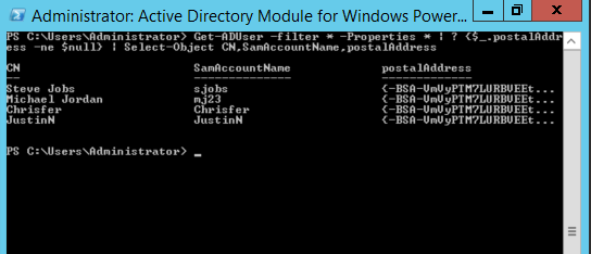 PowerShell console showing the command's output: a table of CN, SamAccountName, and postalAddress values for several enrolled users.