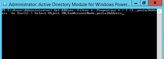 PowerShell console with the Get-ADUser command typed in, ready to run.