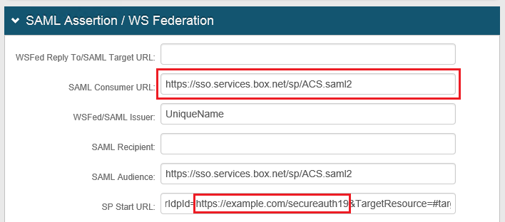 Post Authentication SAML Assertion / WS Federation panel with SAML Consumer URL set to Box's ACS URL and SP Start URL set to Box's SSO start URL.