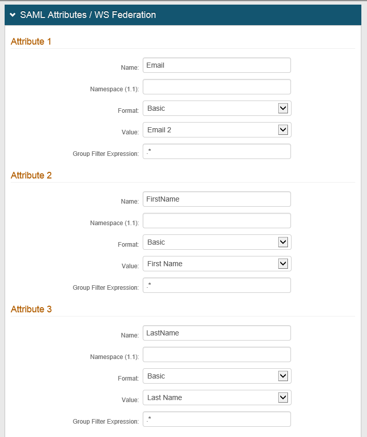 SAML Attributes / WS Federation panel showing Email, FirstName, and LastName attributes configured.