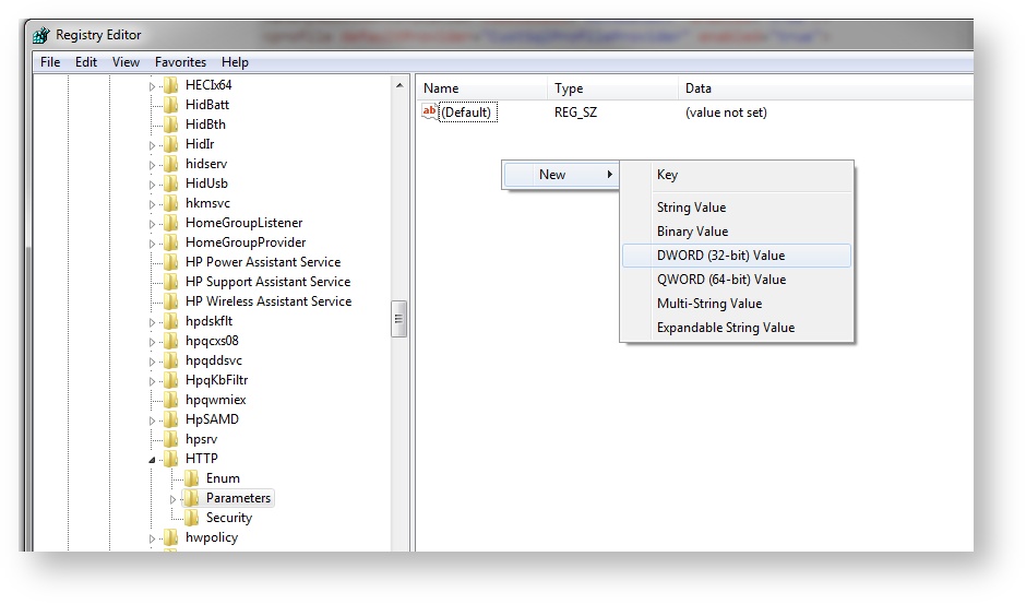Registry Editor context menu with New expanded, showing DWORD (32-bit) Value highlighted.