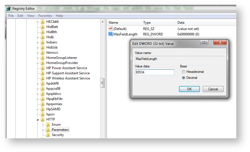 Edit DWORD (32-bit) Value dialog for MaxFieldLength, with Base set to Decimal and value data set to 65534.