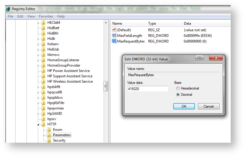 Edit DWORD (32-bit) Value dialog for MaxRequestBytes, with Base set to Decimal and value data set to 415028.